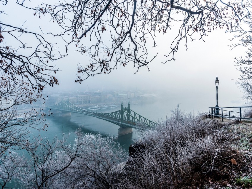 bridge fog aerial view branches frost snow winter budapest hungary PNG for business use