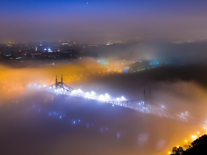 bridge fog night city aerial view budapest hungary HD transparent PNG