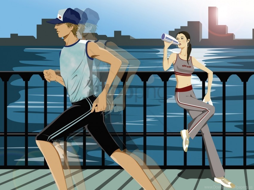 bridge girl guy jogging wallpaper Clean Background Isolated PNG Image
