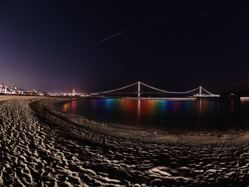 bridge night backlight reflection coast Transparent image 4k wallpaper