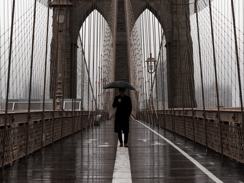 bridge umbrella man silhouette lonely design Transparent Background Isolated PNG Icon