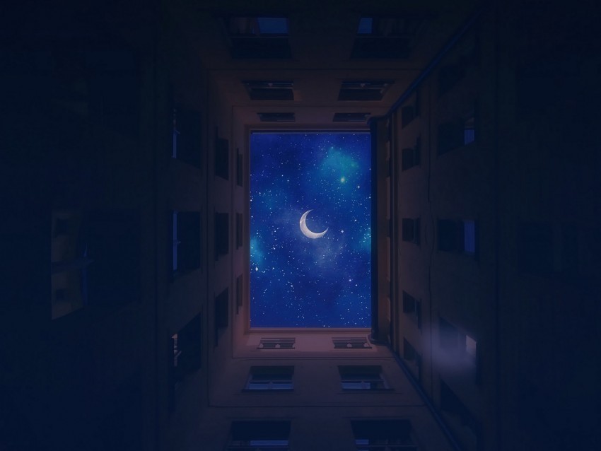 buildings bottom view moon stars sky night PNG high resolution free