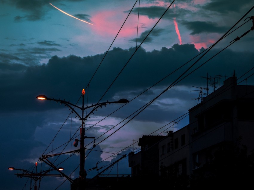 cable poles lights city twilight dark Transparent PNG Isolated Artwork