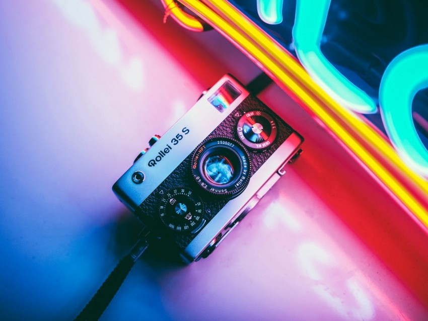 camera neon retro light colorful PNG with alpha channel for download 4k wallpaper