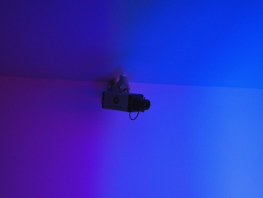 camera surveillance wall blue minimalism Isolated Subject with Clear Transparent PNG