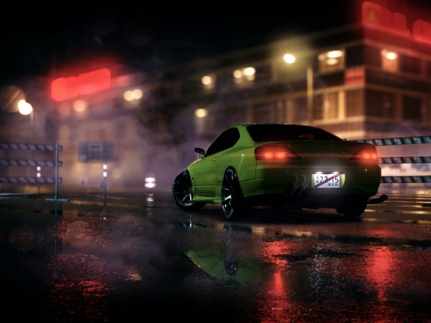 car sportscar green night light smoke Isolated Object on HighQuality Transparent PNG