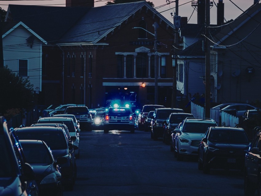 cars police lights street city PNG with transparent bg