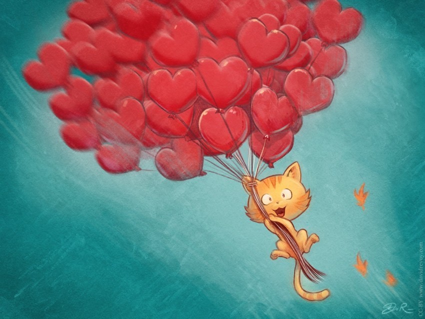 cat balloons hearts flight sky art Isolated Artwork on Clear Background PNG