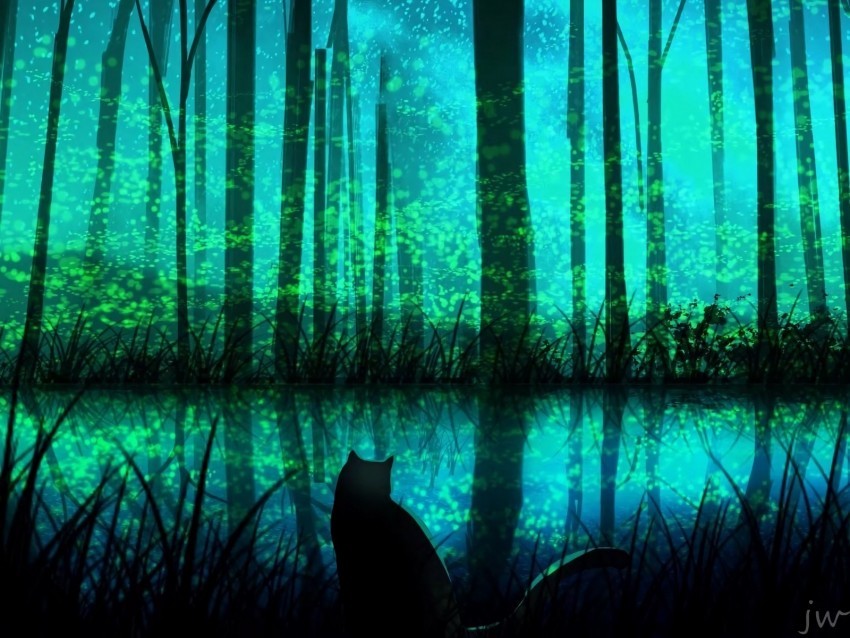 cat forest lake night art PNG Graphic Isolated on Clear Background Detail