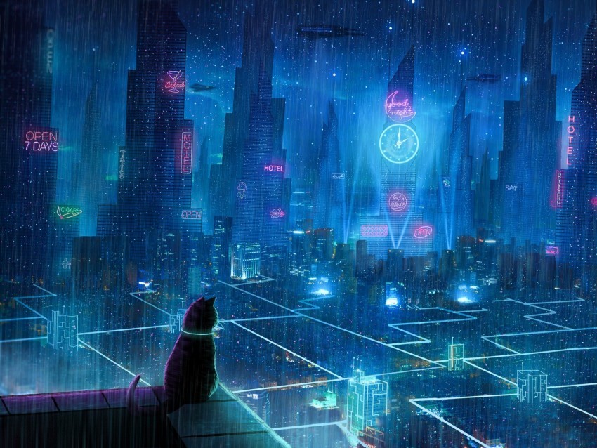 cat roof city neon lights metropolis future cyberpunk PNG files with transparent canvas collection