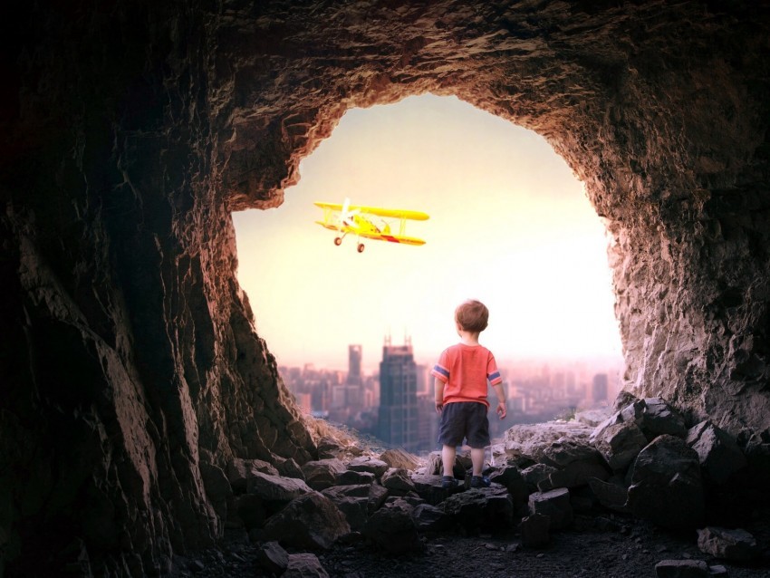 cave child plane city view PNG with clear background extensive compilation 4k wallpaper