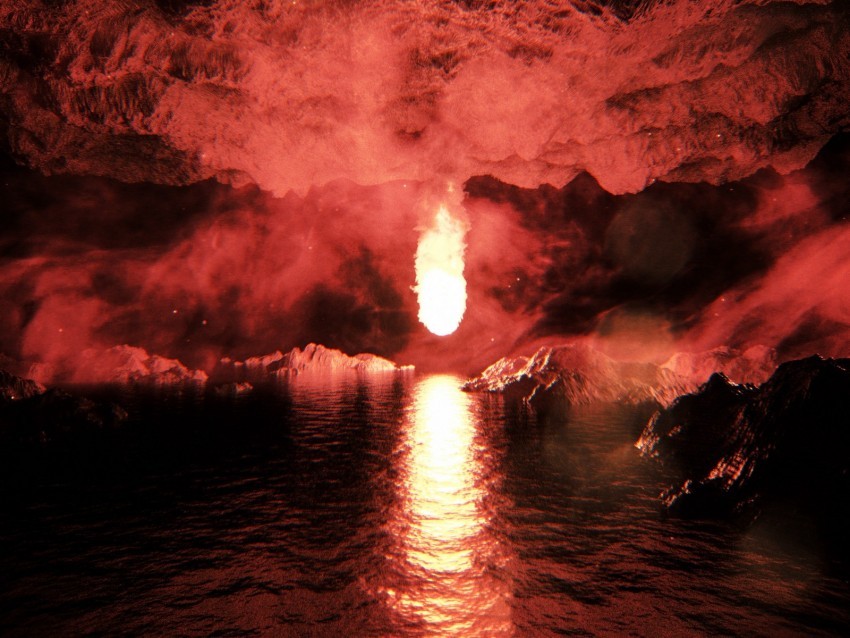 cave fireball reflection water blazing bright Transparent PNG Isolated Element
