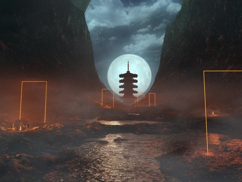 cave pagoda moon night fog PNG for Photoshop 4k wallpaper