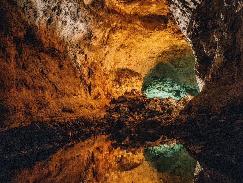 cave water reflection stone inside volcanic cueva de los verdes canary islands spain PNG files with alpha channel