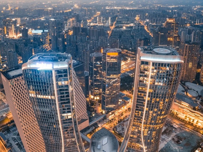 city aerial view buildings skyscrapers architecture Isolated Subject in Transparent PNG