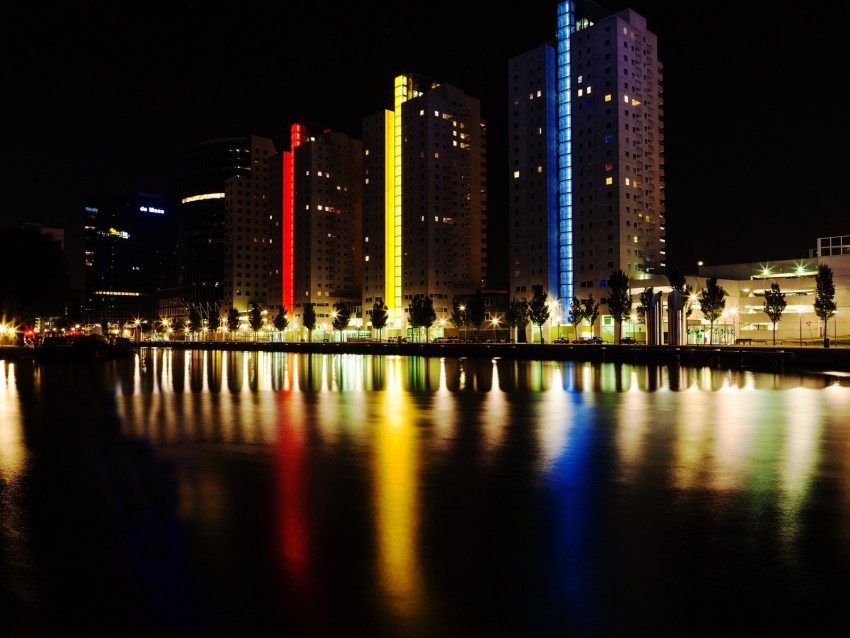 city embankment lights colorful reflection buildings Transparent Background PNG Isolation