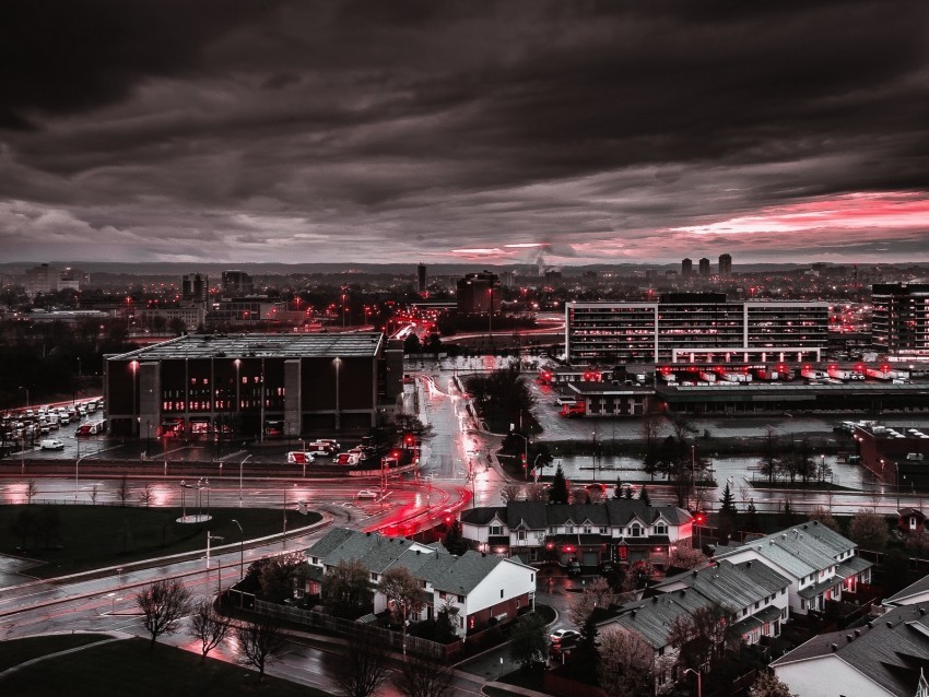 city gray wet after rain lights red contrast PNG with Isolated Transparency