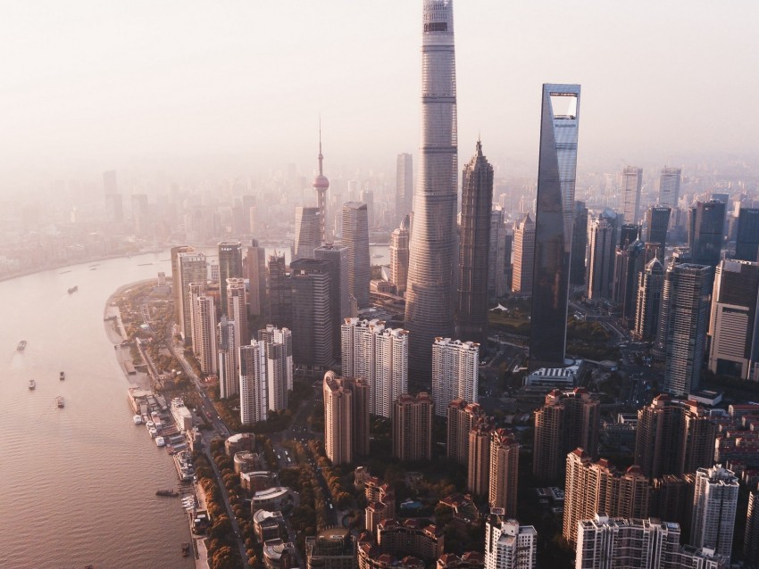 city river aerial view buildings fog metropolis PNG for educational use