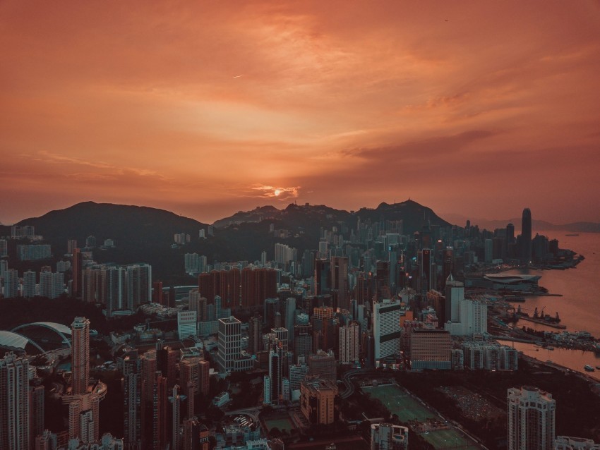 city sunset aerial view skyscrapers sky hong kong Transparent PNG Graphic with Isolated Object