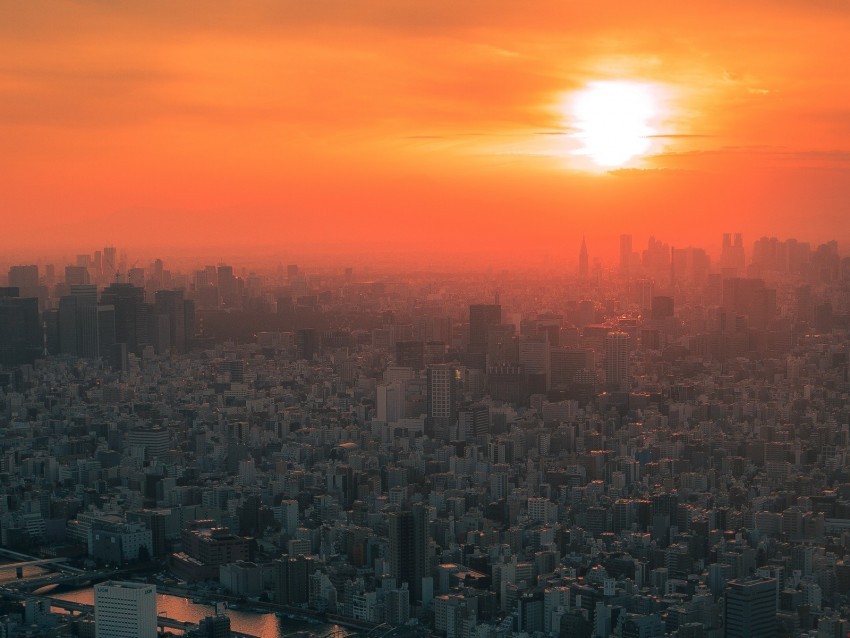 city sunset fog aerial view tokyo japan PNG Graphic Isolated on Clear Background Detail