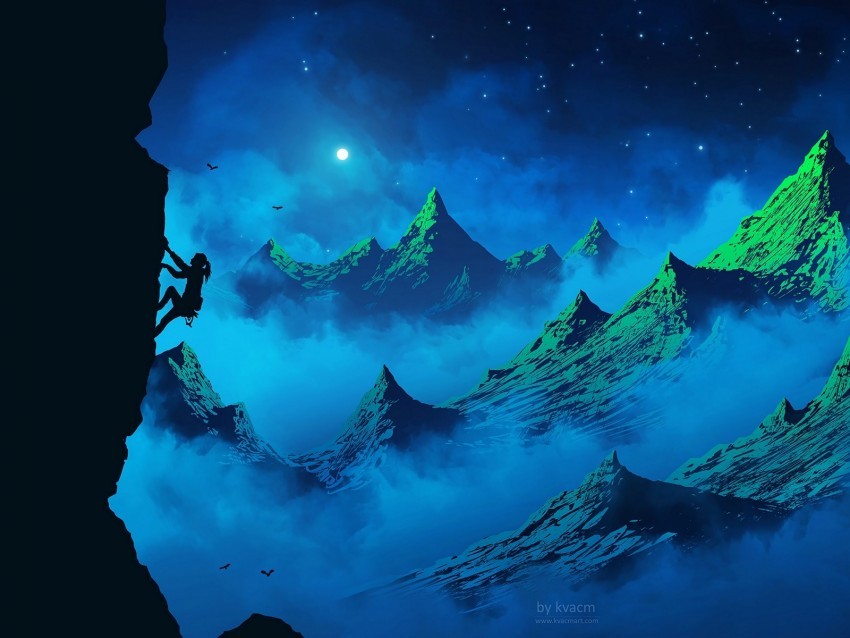 climber silhouette mountains girl moon birds night fog PNG transparent design diverse assortment