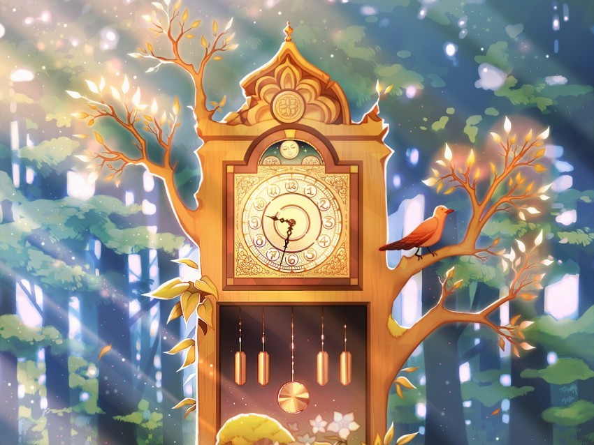 clock tree art forest sunlight Transparent background PNG photos 4k wallpaper