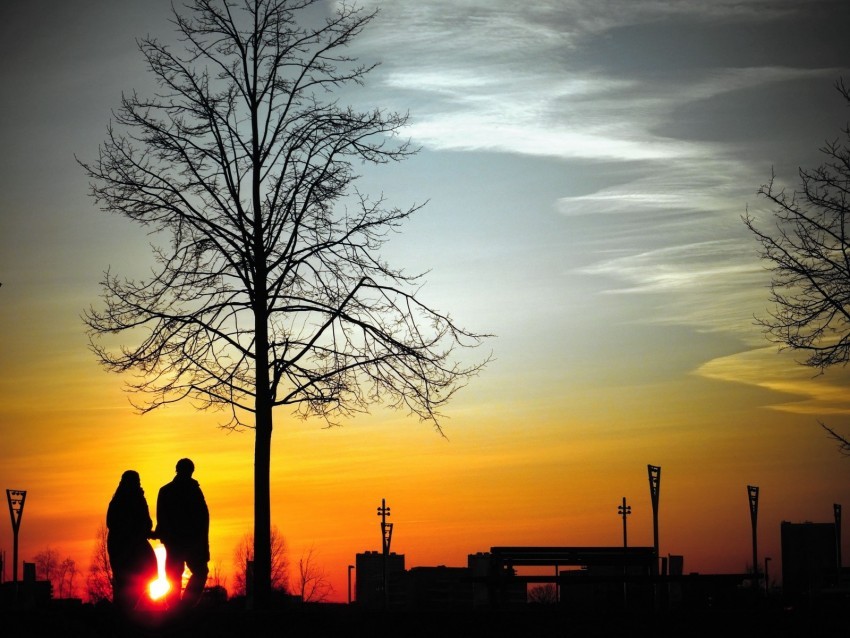 couple silhouettes sunset walk tree Isolated Item on HighQuality PNG