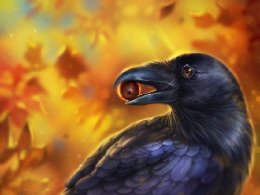 crow bird art beak acorn leaves Clean Background Isolated PNG Illustration