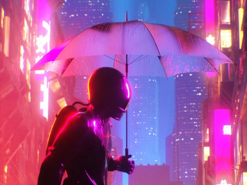 cyborg umbrella neon cyberpunk city buildings glow High-resolution PNG images with transparency