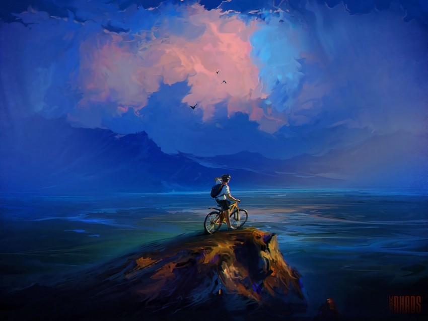 cyclist rock cliff art clouds sea PNG Graphic with Transparent Isolation