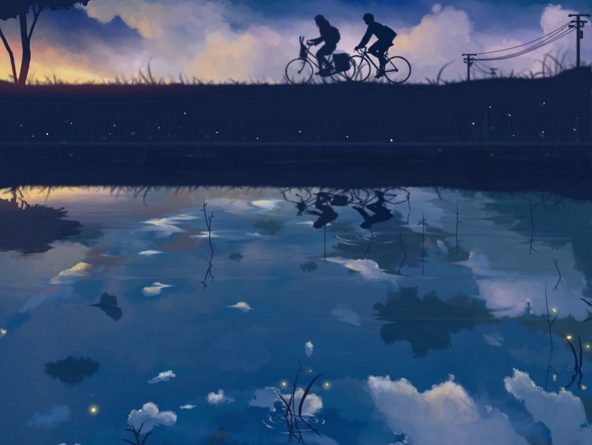 cyclists silhouettes art lake reflection twilight Transparent PNG images complete package