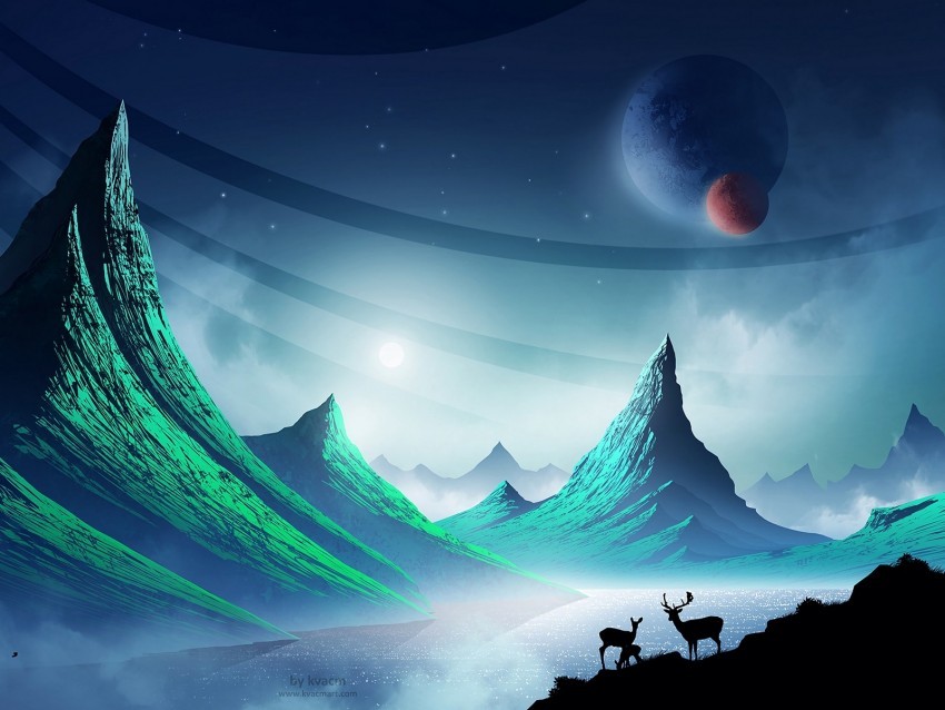 deer mountains art landscape night space Isolated Item in Transparent PNG Format