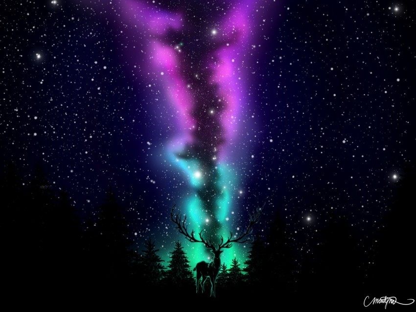 deer northern lights art dark forest PNG Image with Transparent Cutout