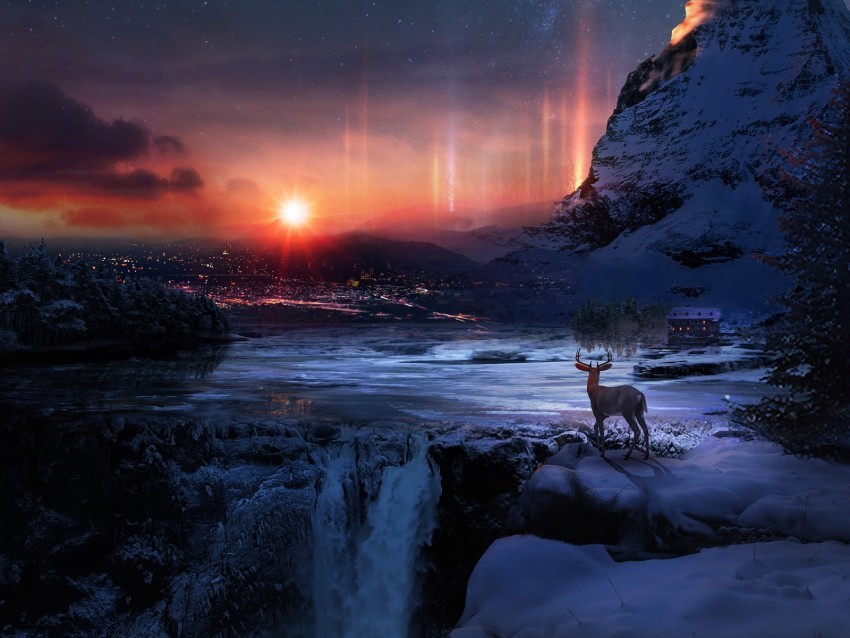 deer winter night art snow PNG Image with Transparent Isolated Design