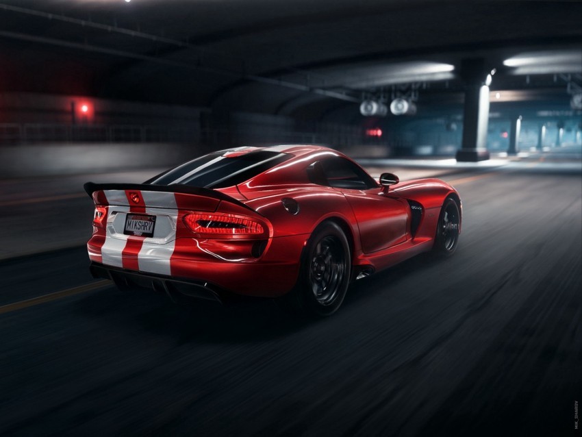 dodge viper srt dodge sportscar red side view night tunnel asphalt Isolated Graphic Element in Transparent PNG