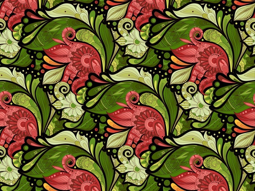 doodles patterns flowers green red PNG with transparent background for free
