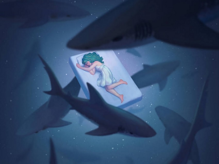 dream underwater world sharks girl art Transparent Background Isolation in PNG Image