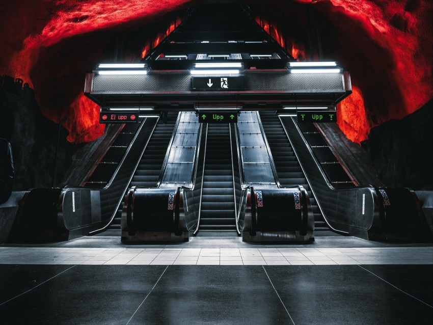 escalator metro tunnel underground dark PNG art 4k wallpaper