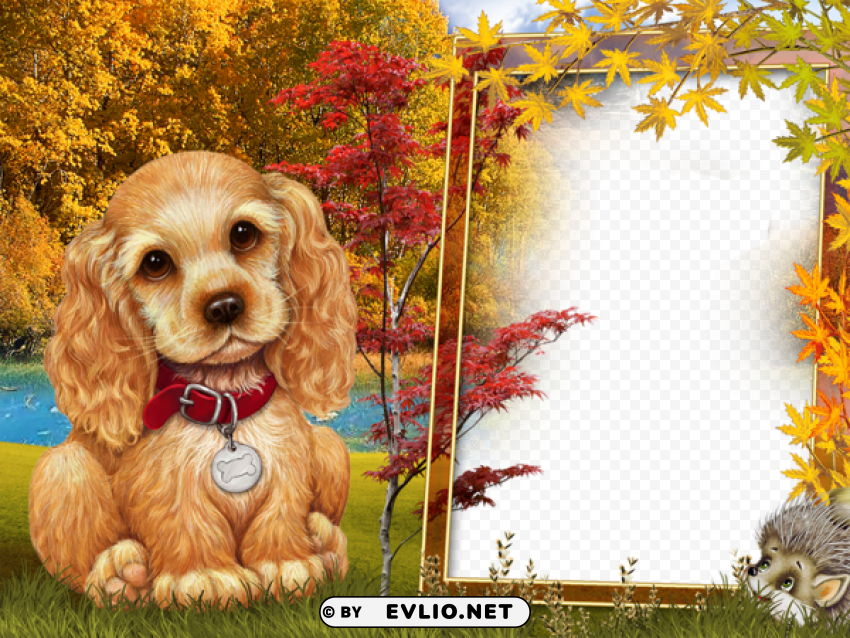 fall style kids transparenframe with cute puppy PNG clear background