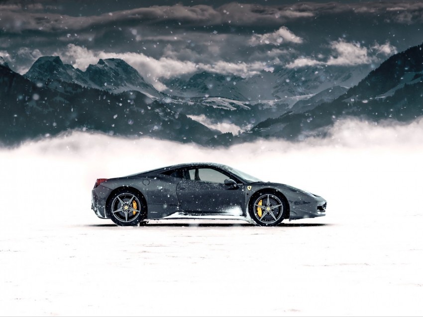 ferrari 458 italia ferrari sports car gray side view snow mountains winter Clean Background Isolated PNG Character