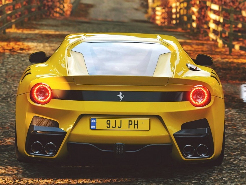 ferrari sports car yellow rear view Isolated Object on Clear Background PNG