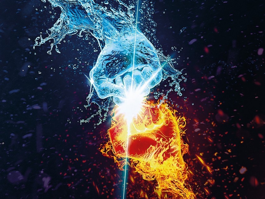 flame water hands opposition battle sparks splashes art Isolated Character on Transparent Background PNG