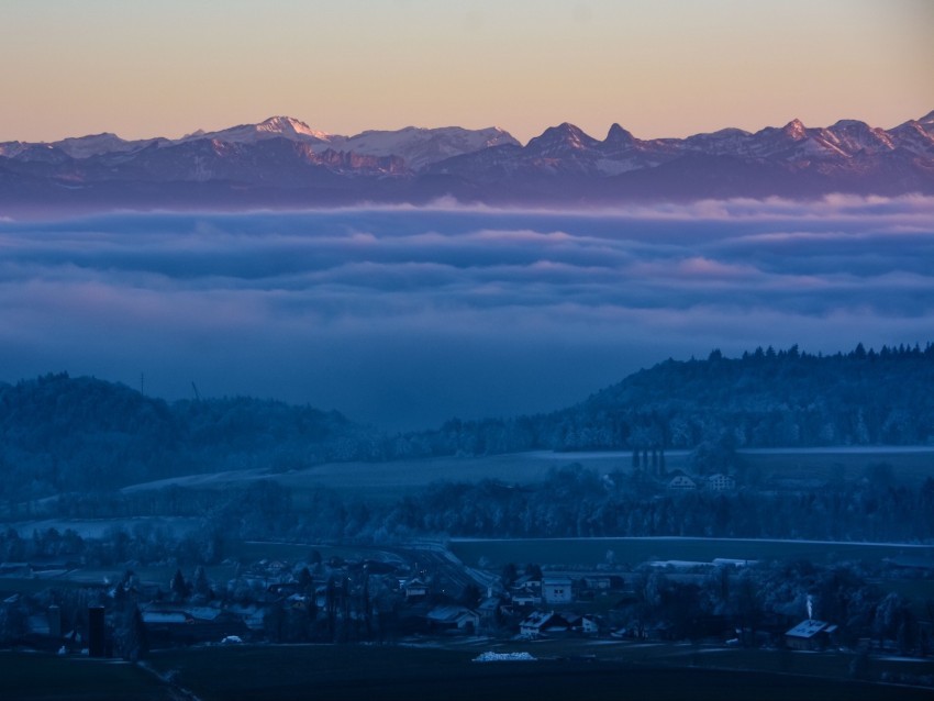 fog mountains twilight winter sky switzerland PNG Image with Isolated Element