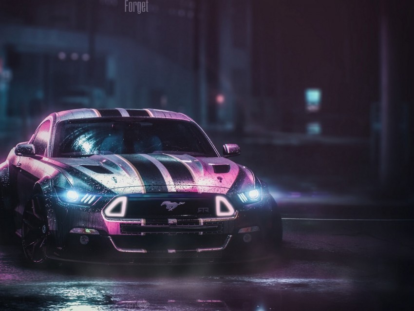 ford mustang gtr ford car neon night wet Transparent PNG Image Isolation