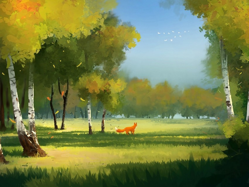 forest fox art glade trees PNG with clear overlay