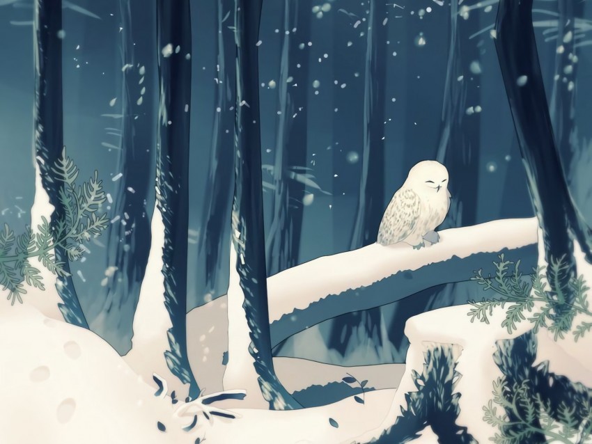 forest owl art snow winter Isolated Character in Transparent Background PNG