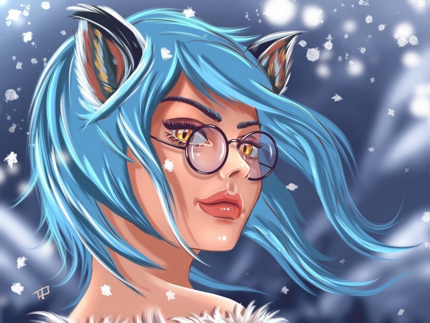 girl art face glasses glance hair blue Transparent graphics