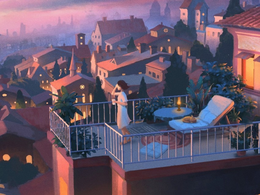 girl balcony art solitude city evening High-resolution PNG images with transparency wide set 4k wallpaper