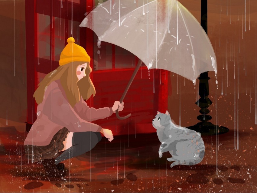 girl cat umbrella rain art PNG images with transparent space