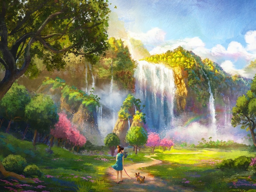 girl dog waterfall landscape art PNG with alpha channel for download 4k wallpaper